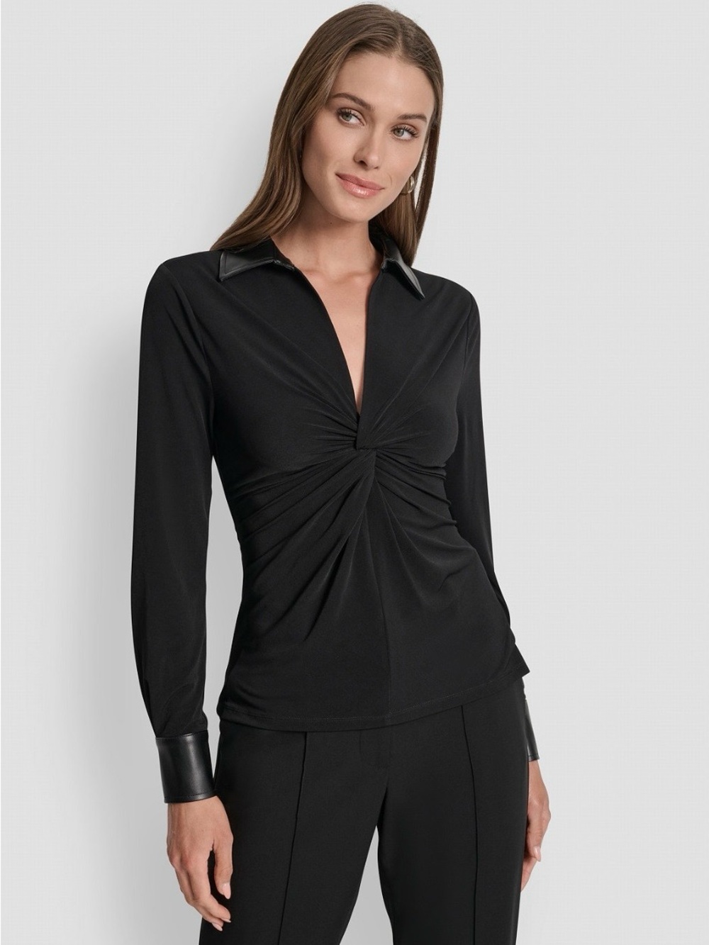 DKNY Black Twist-Front Button Down Shirt with Faux-Leather Trim